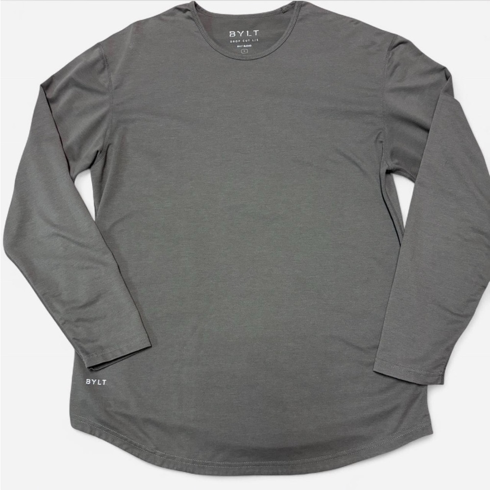 Men's BYLT Gray Long Sleeve Drop Cut Gym Shirt Size Large
